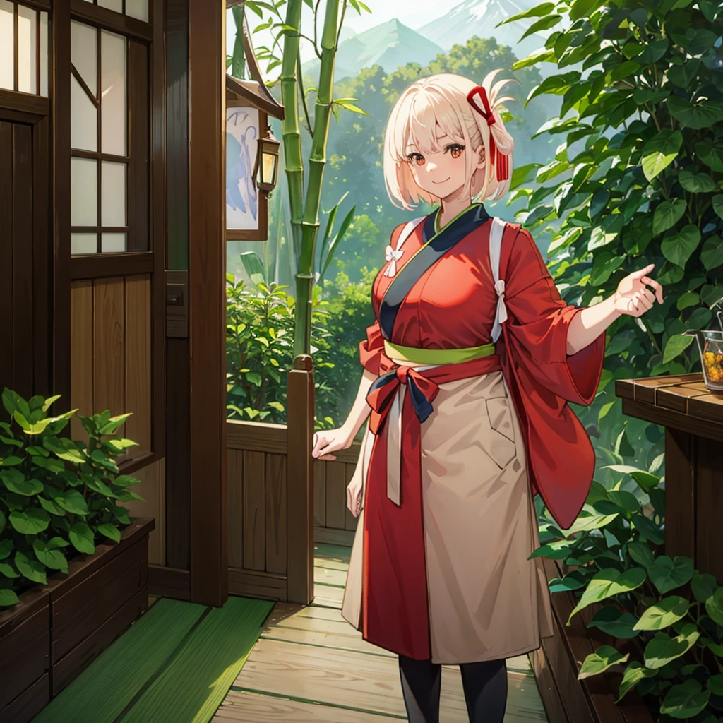 (masterpiece, best quality, detailed), 1girl, solo, chisato nishikigi, blonde hair, red eyes, short hair, medium breasts, looking at viewer,
(samurai), japanese armor, kusazuri, sode, kote, sheath, japanese clothes, hakama, outdoors, bamboo forest, nature, wariza, hand between legs, from above, smile, closed mouth