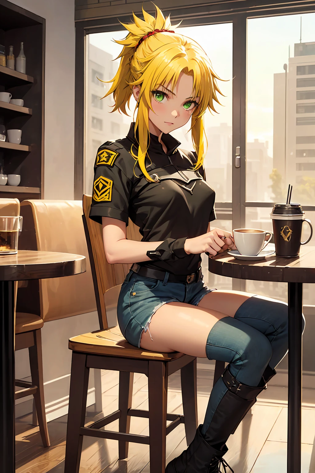 (One girl:1.5), (Small breasts :1.5), (Mordred \(destiny\):1.3), UFOTABLE STYLE, Anime Coloring, Anime screenshots,
((High resolution illustrations)), ((masterpiece)), ((Highest quality)), High detail, Many details,
(Textured skin:1.4), (Detailed yellow hair: 1.9), (Detailed green eye:1.4), short hair, Complex Hair, Hair between the eyes, Nice hands, Perfect hands, Perfect body, Focus Only, Fine eyebrows, pace, ponytail, Braiding, slim, Healthy Body, skinny,
Detailed lighting, Realistic colors, Bright colors, Sharp focus, Ray Tracing, Cinema Lighting, Bold line,
Black Military Boots, Jeans Shorts, (tube_superior:1.3),
sitting in a cafe, holding a coffee cup,
At the cafe, evening, city,
sexy, Intimate, erotic, Not art, No photos,
Romantic atmosphere, Romantic atmosphere,
