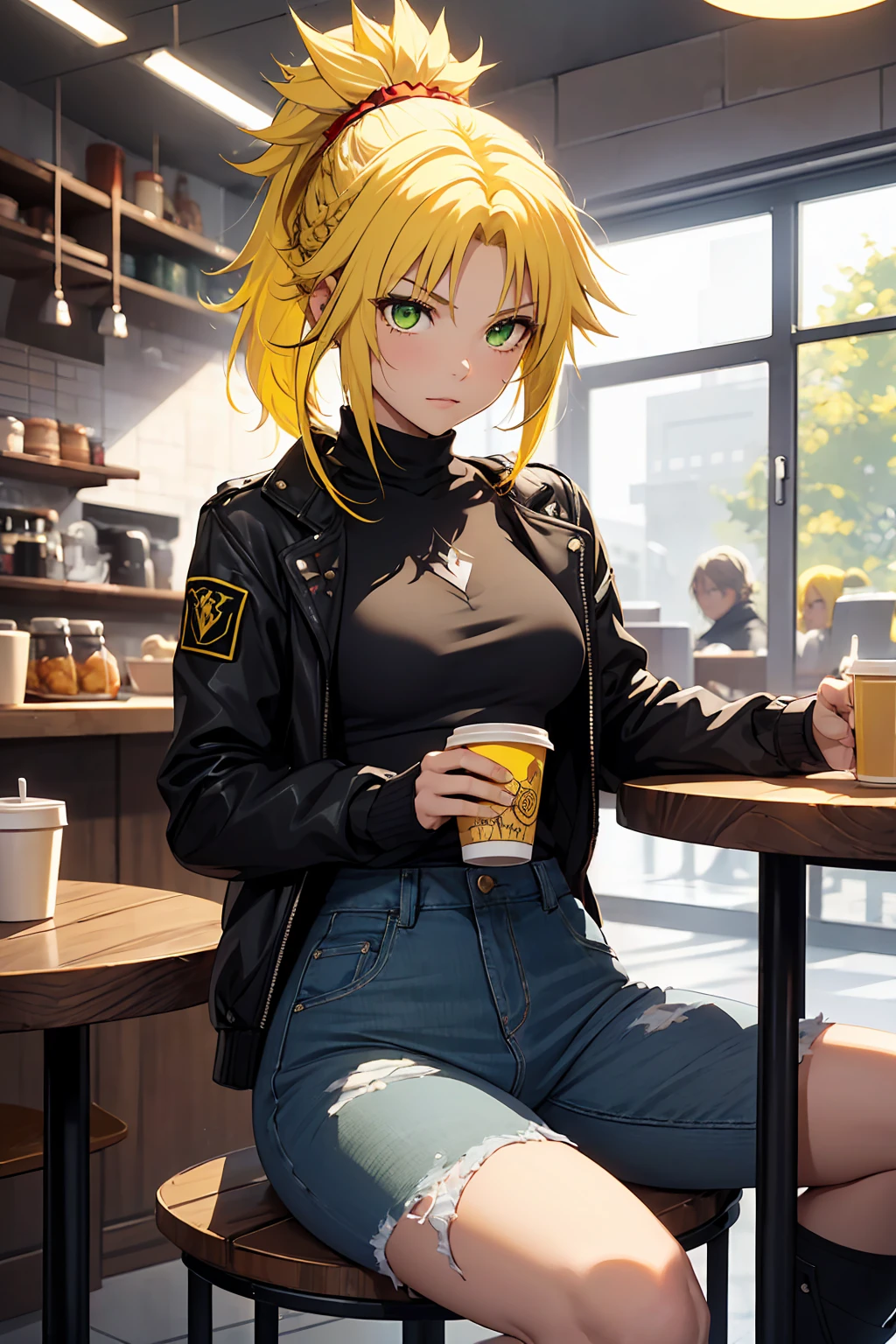 (One girl:1.5), (Small breasts :1.5), (Mordred \(destiny\):1.3), UFOTABLE STYLE, Anime Coloring, Anime screenshots,
((High resolution illustrations)), ((masterpiece)), ((Highest quality)), High detail, Many details,
(Textured skin:1.4), (Detailed yellow hair: 1.9), (Detailed green eye:1.4), short hair, Complex Hair, Hair between the eyes, Nice hands, Perfect hands, Perfect body, Focus Only, Fine eyebrows, pace, ponytail, Braiding, slim, Healthy Body, skinny,
Detailed lighting, Realistic colors, Bright colors, Sharp focus, Ray Tracing, Cinema Lighting, Bold line,
Black Military Boots, Jeans Shorts, (tube_superior:1.3),
sitting in a cafe, holding a coffee cup,
At the cafe, evening, city,
sexy, Intimate, erotic, Not art, No photos,
Romantic atmosphere, Romantic atmosphere,
