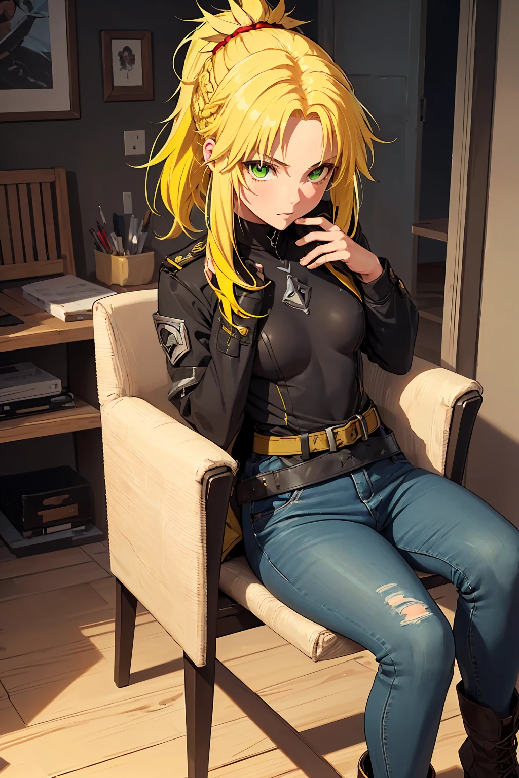 (One girl:1.5), (Small breasts :1.5), (Mordred \(destiny\):1.3), UFOTABLE STYLE, Anime Coloring, Anime screenshots, ((High resolution illustrations)), ((masterpiece)), ((Highest quality)), High detail, Many details, (Textured skin:1.4), (Detailed yellow hair: 1.9), (Detailed green eye:1.4), short hair, Complex Hair, Hair between the eyes, Nice hands, Perfect hands, Perfect body, Focus Only, Fine eyebrows, pace, ponytail, Braiding, slim, Healthy Body, skinny, Detailed lighting, Realistic colors, Bright colors, Sharp focus, Ray Tracing, Cinema Lighting, Bold line, Black Military Boots, Jeans Shorts, (tube_superior:1.3), sexy, Intimate, erotic, Not art, No photos, Romantic atmosphere, Romantic atmosphere,Bedroom　Night view　Mood lighting　Sit on a chair