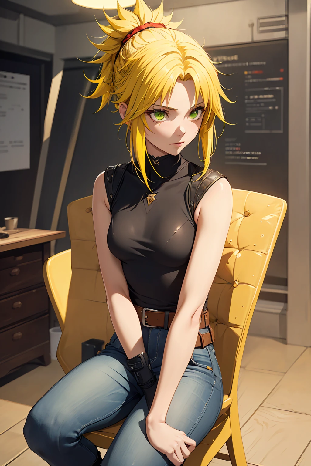 NSFW　(One girl:1.5), (Small breasts :1.5), (Mordred \(destiny\):1.3), UFOTABLE STYLE, Anime Coloring, Anime screenshots, ((High resolution illustrations)), ((masterpiece)), ((Highest quality)), High detail, Many details, (Textured skin:1.4), (Detailed yellow hair: 1.9), (Detailed green eye:1.4), short hair, Complex Hair, Hair between the eyes, Nice hands, Perfect hands, Perfect body, Focus Only, Fine eyebrows, pace, ponytail, Braiding, slim, Healthy Body, skinny, Detailed lighting, Realistic colors, Bright colors, Sharp focus, Ray Tracing, Cinema Lighting, Bold line, Black Military Boots, Jeans Shorts, (tube_superior:1.3), sexy, Intimate, erotic, Not art, No photos, Romantic atmosphere, Romantic atmosphere,Bedroom　Night view　Mood lighting　Sit on a chair