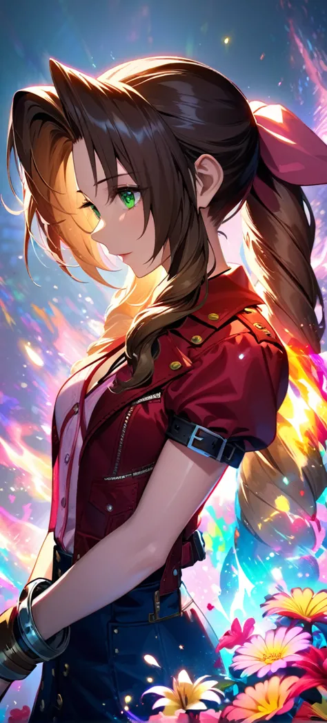 Symetrical,detailed front view,absurdres, highres, ultra detailed, HDR, masterpiece, extremely detailed face and eyes, aerith ga...
