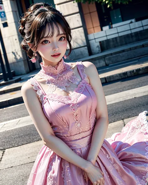 a woman posing on the street corner with pink dress on, best quality, high res, 8k, 1girl, (huge breasts), day, bright, outdoor,...