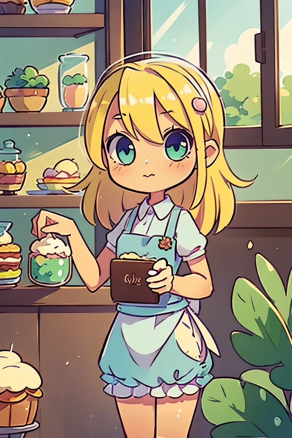 masterpiece, highly detailed, (chibi:1.3), , (1girl), blonde hair, pastel colors, cozy atmosphere, dessert display case, macarons, cupcakes, tarts, cakes, coffee machine, chalkboard menu, natural lighting, glass jars filled with candy, frosted window panes, decorative plates, whimsical decor, sugar sculptures,
