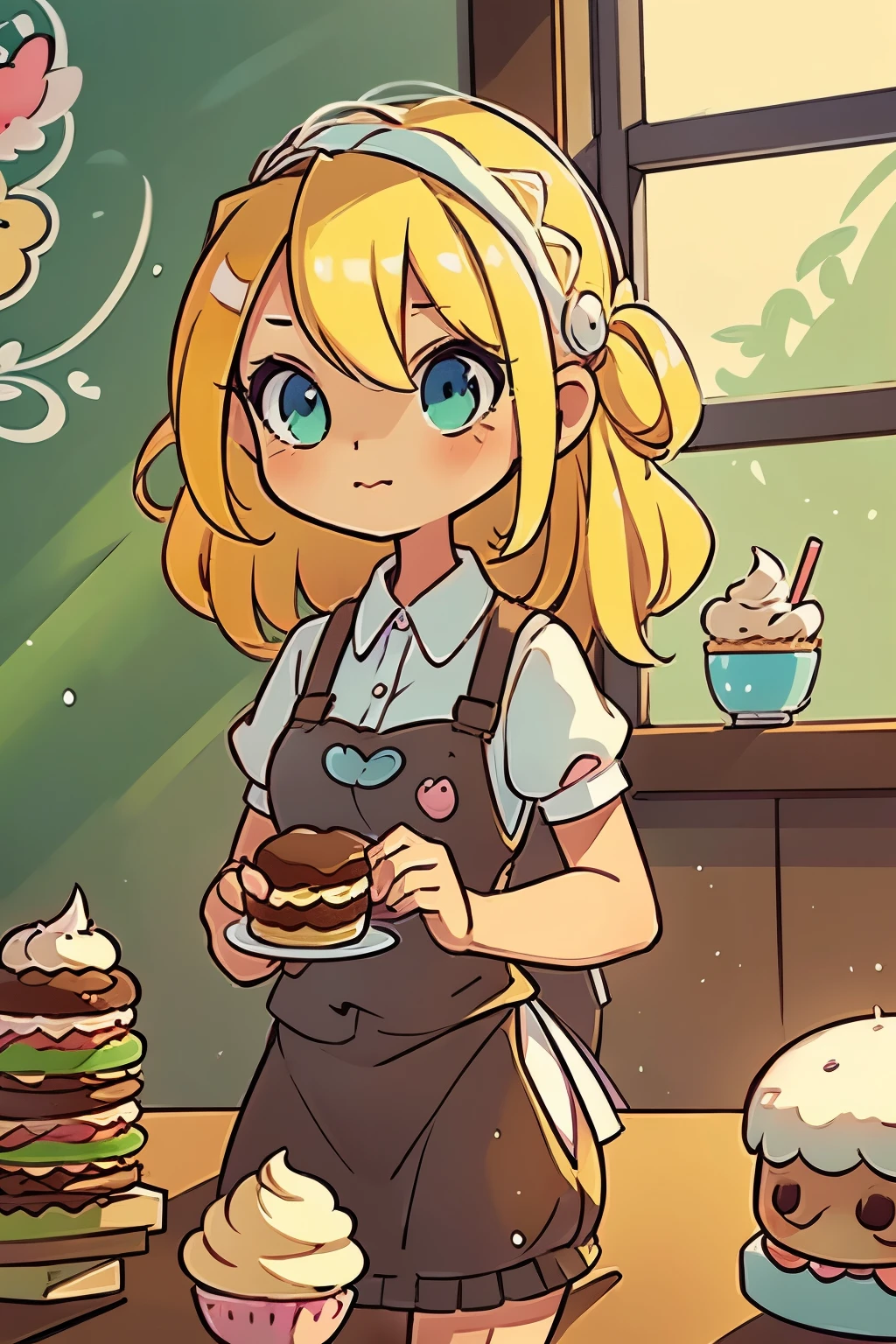 masterpiece, highly detailed, (chibi:1.3), , (1girl), blonde hair, pastel colors, cozy atmosphere, dessert display case, macarons, cupcakes, tarts, cakes, coffee machine, chalkboard menu, natural lighting, glass jars filled with candy, frosted window panes, decorative plates, whimsical decor, sugar sculptures,
