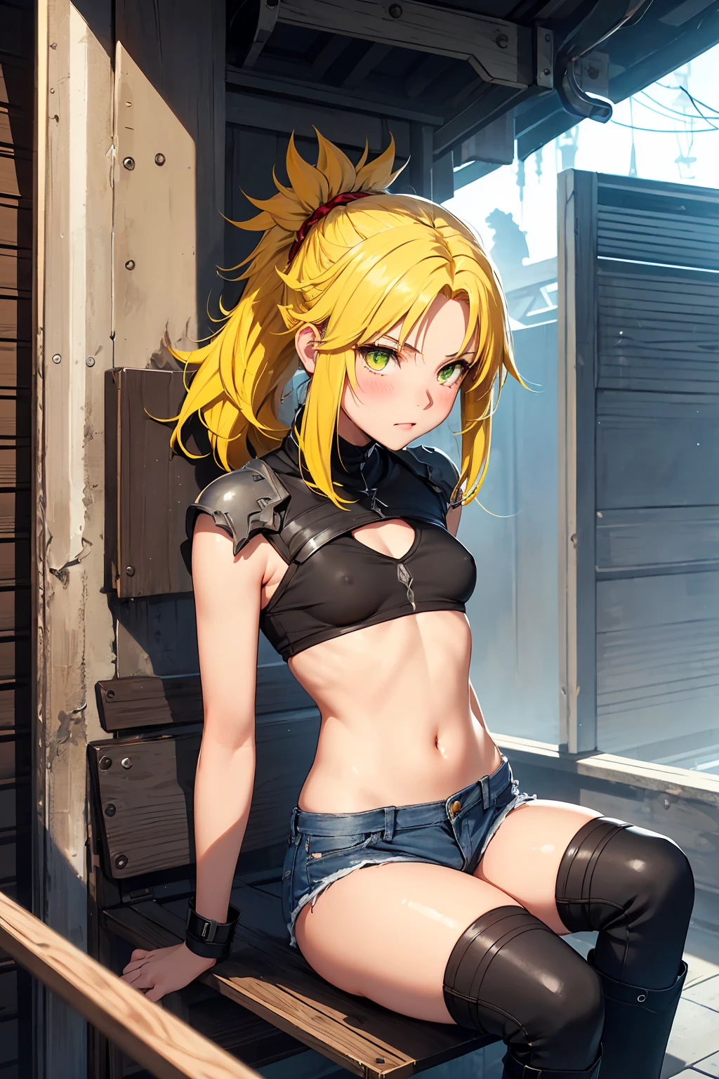 NSFW　(One girl:1.5), (Small breasts :1.5), (Mordred \(destiny\):1.3), UFOTABLE STYLE, Anime Coloring, Anime screenshots, ((High resolution illustrations)), ((masterpiece)), ((Highest quality)), High detail, Many details, (Textured skin:1.4), (Detailed yellow hair: 1.9), (Detailed green eye:1.4), short hair, Complex Hair, Hair between the eyes, Nice hands, Perfect hands, Perfect body, Focus Only, Fine eyebrows, pace, ponytail, Braiding, slim, Healthy Body, skinny, Detailed lighting, Realistic colors, Bright colors, Sharp focus, Ray Tracing, Cinema Lighting, Bold line, Black Military Boots, Jeans Shorts, (tube_superior:1.3), sexy, Intimate, erotic, Not art, No photos, Romantic atmosphere, Romantic atmosphere,Bedroom　Night view　Mood lighting　Sit on a chair　Completely naked　topless　blush　(　masterpiece, Highest quality, 1girl, (nsfw:1.0), Spread your legs, seat, 脚をsuperiorげる, nude, (Pussy Focus:1.0) Sweat, Shiny skin, Heavy breathing, ( Sex, sexual intercourse, Insert, Hetero, Motion Lines, Motion Blur, Talking Spirit:1.1),超blush