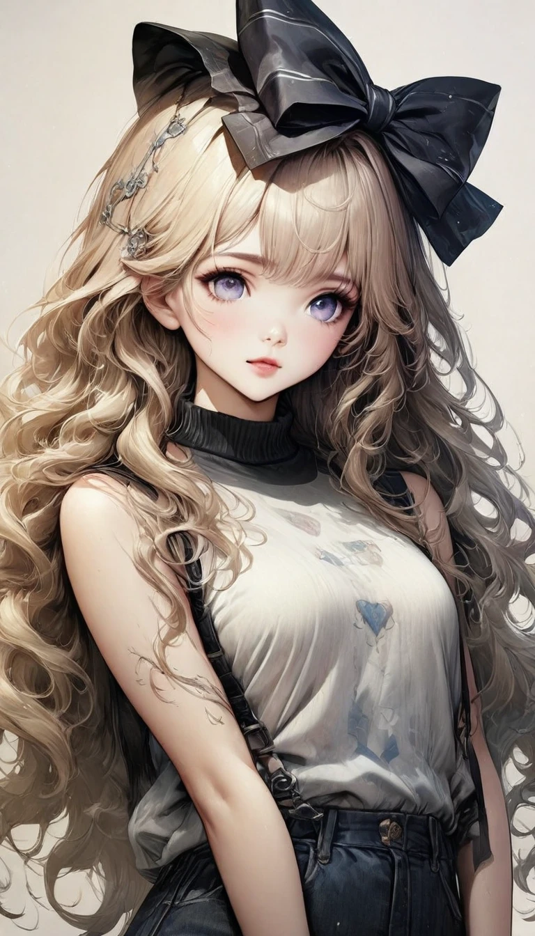 Ultra-realistic CG K ,((premium、8k、32k、Masterpiece、NFFSW:1.3)), (superfine illustration)、(super high resolution), (((adult body))), (Masterpiece, Best Quality:1.2),a beautiful girl，Skin details processing.，The eyes are finely described.，delicate hair，long wavy hair，long light hair，Wear a big bow on your head，black sweater，white dots，Skirt，green，clean background