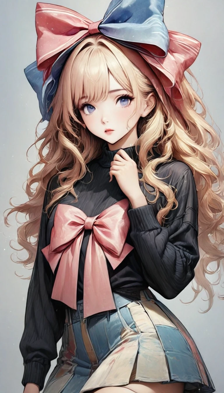 Ultra-realistic CG K ,((premium、8k、32k、Masterpiece、NFFSW:1.3)), (superfine illustration)、(super high resolution), (((adult body))), (Masterpiece, Best Quality:1.2),a beautiful girl，Skin details processing.，The eyes are finely described.，delicate hair，long wavy hair，long light hair，Wear a big bow on your head，black sweater，white dots，Skirt，green，clean background