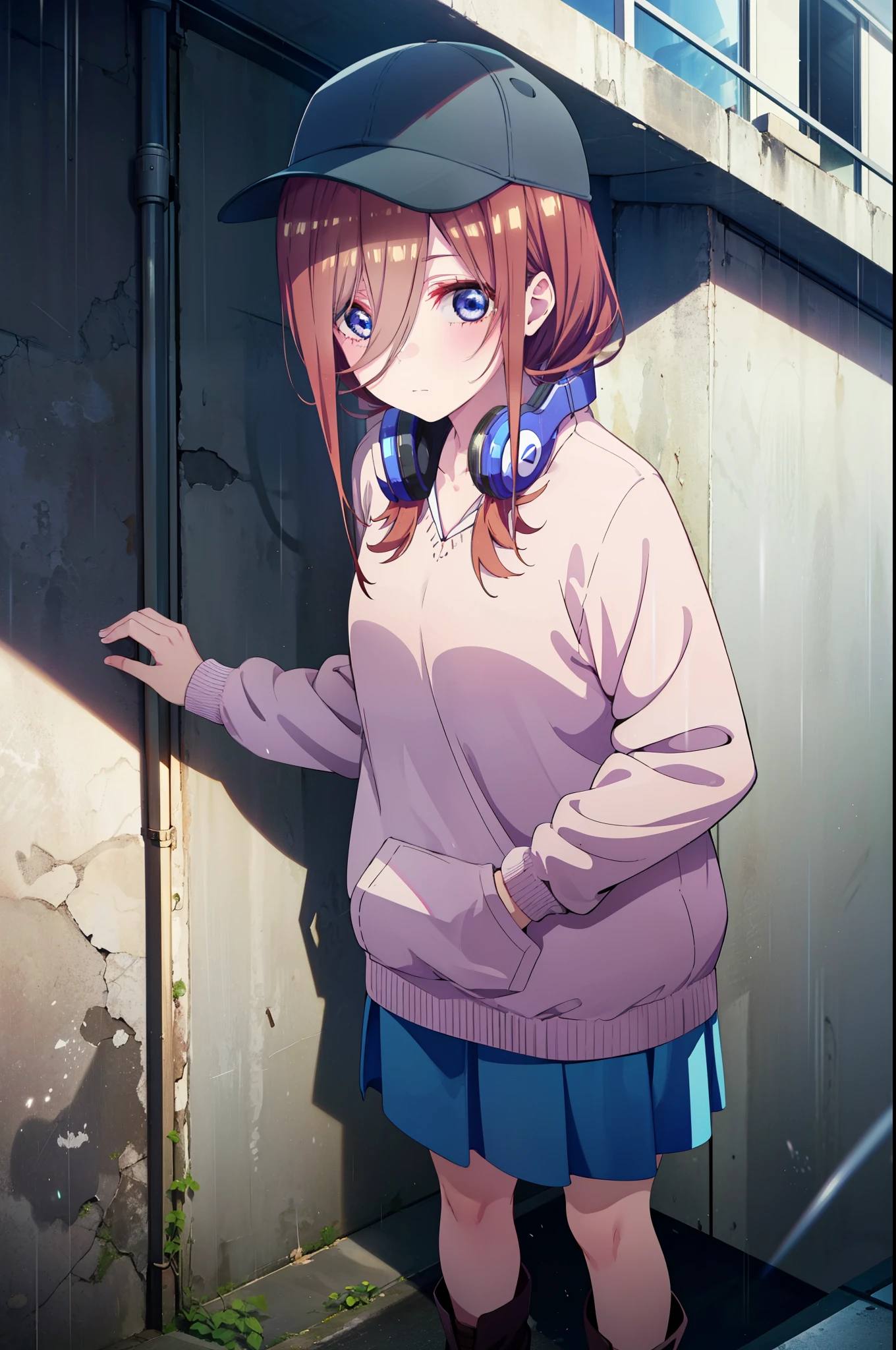 Anime girl in a baseball cap leaning against a wall - SeaArt AI