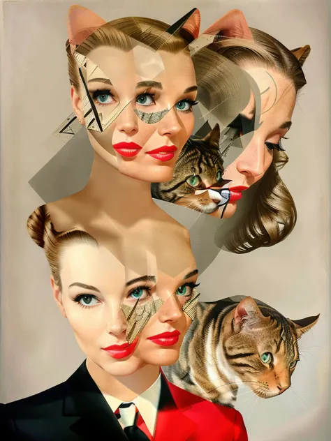 a collage of a woman's face with a katze  in the background