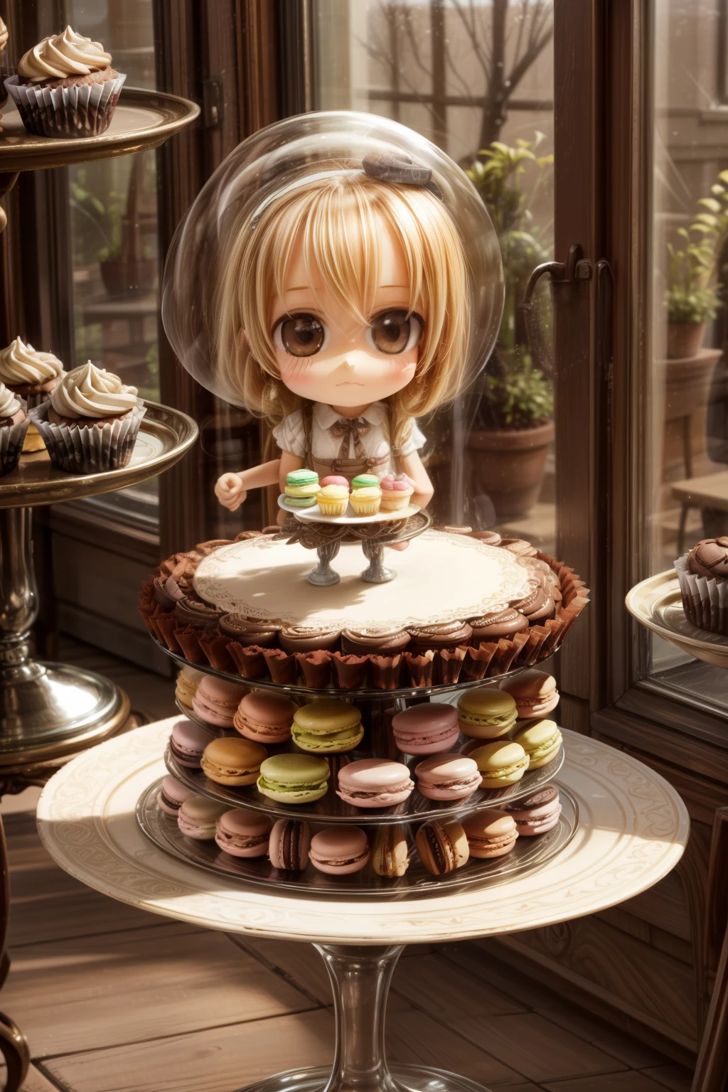 masterpiece, highly detailed, (chibi:1.3), , (1girl), blonde hair, pastel colors, cozy atmosphere, dessert display case, macarons, cupcakes, tarts, cakes, coffee machine, chalkboard menu, natural lighting, glass jars filled with candy, frosted window panes, decorative plates, whimsical decor, sugar sculptures,
