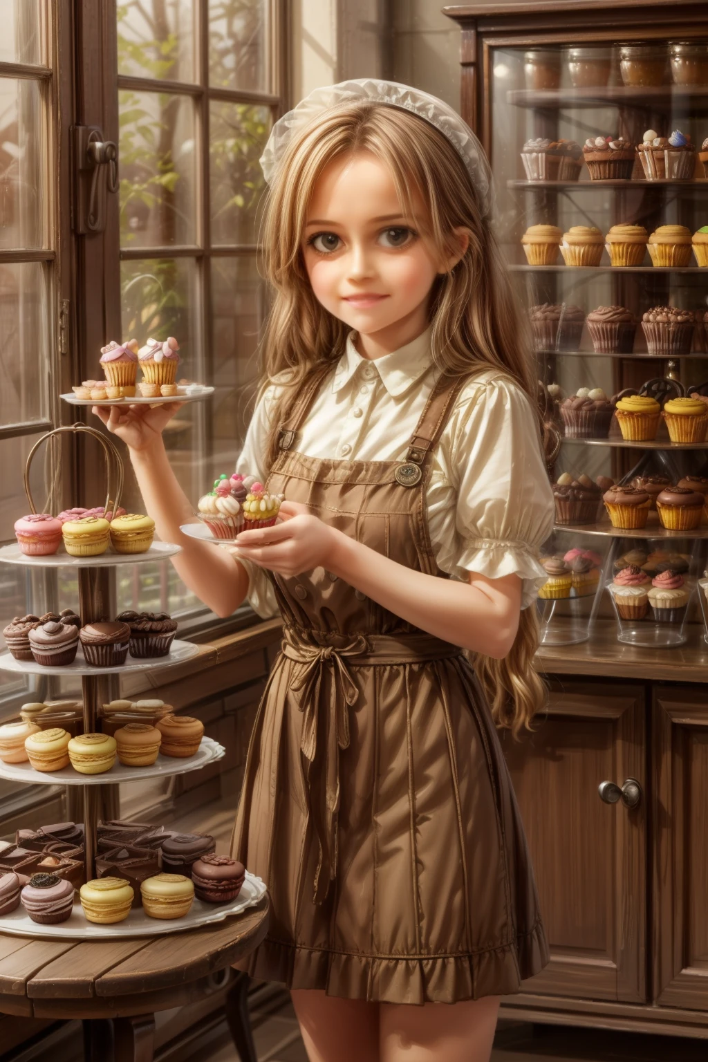 masterpiece, highly detailed, (chibi:1.3), , (1girl), blonde hair, pastel colors, cozy atmosphere, dessert display case, macarons, cupcakes, tarts, cakes, coffee machine, chalkboard menu, natural lighting, glass jars filled with candy, frosted window panes, decorative plates, whimsical decor, 
