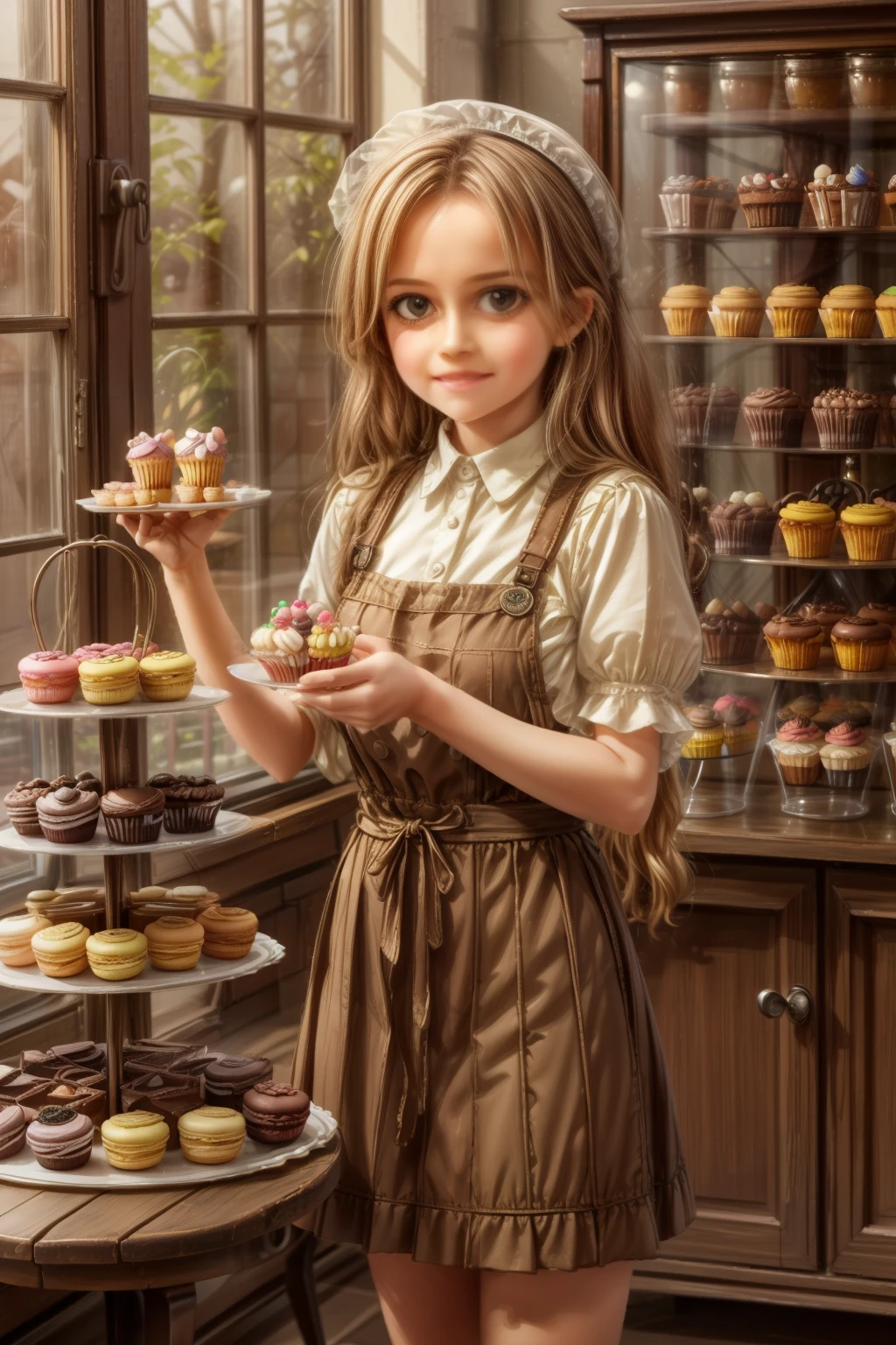 chef-d&#39;œuvre, très détaillé, (chibi:1.3), , (1fille), cheveux blond, couleurs pastel, ambiance chaleureuse, vitrine à desserts, macarons, cupGâteaux, tartes, Gâteaux, cafetière, menu au tableau, Éclairage naturel, bocaux en verre remplis de bonbons, vitres givrées, assiettes décoratives, décor fantaisiste, 
