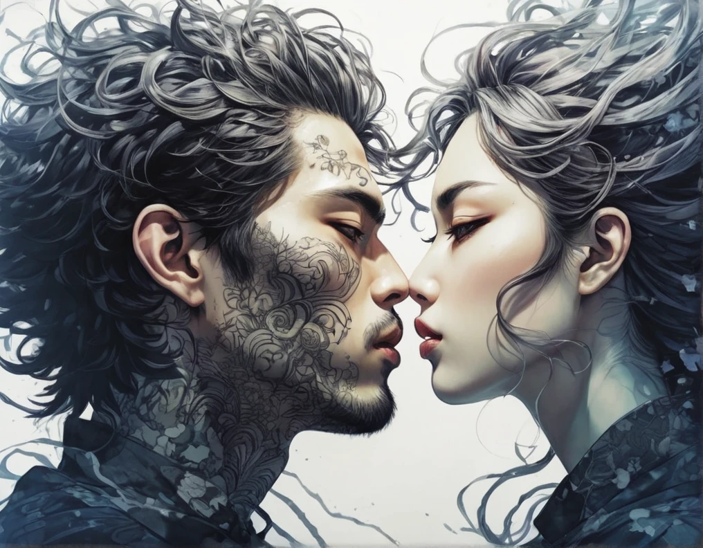 a man with hair kissing a woman, double exposure collage art illustration, silhouette art, fantasy, hdr, vibrant, surrealism, hyperdetailed, hypermaximalist illustration, art by Anime Key Visual, Japanese Manga, Pixiv, Zerochan, Anime art, Fantia