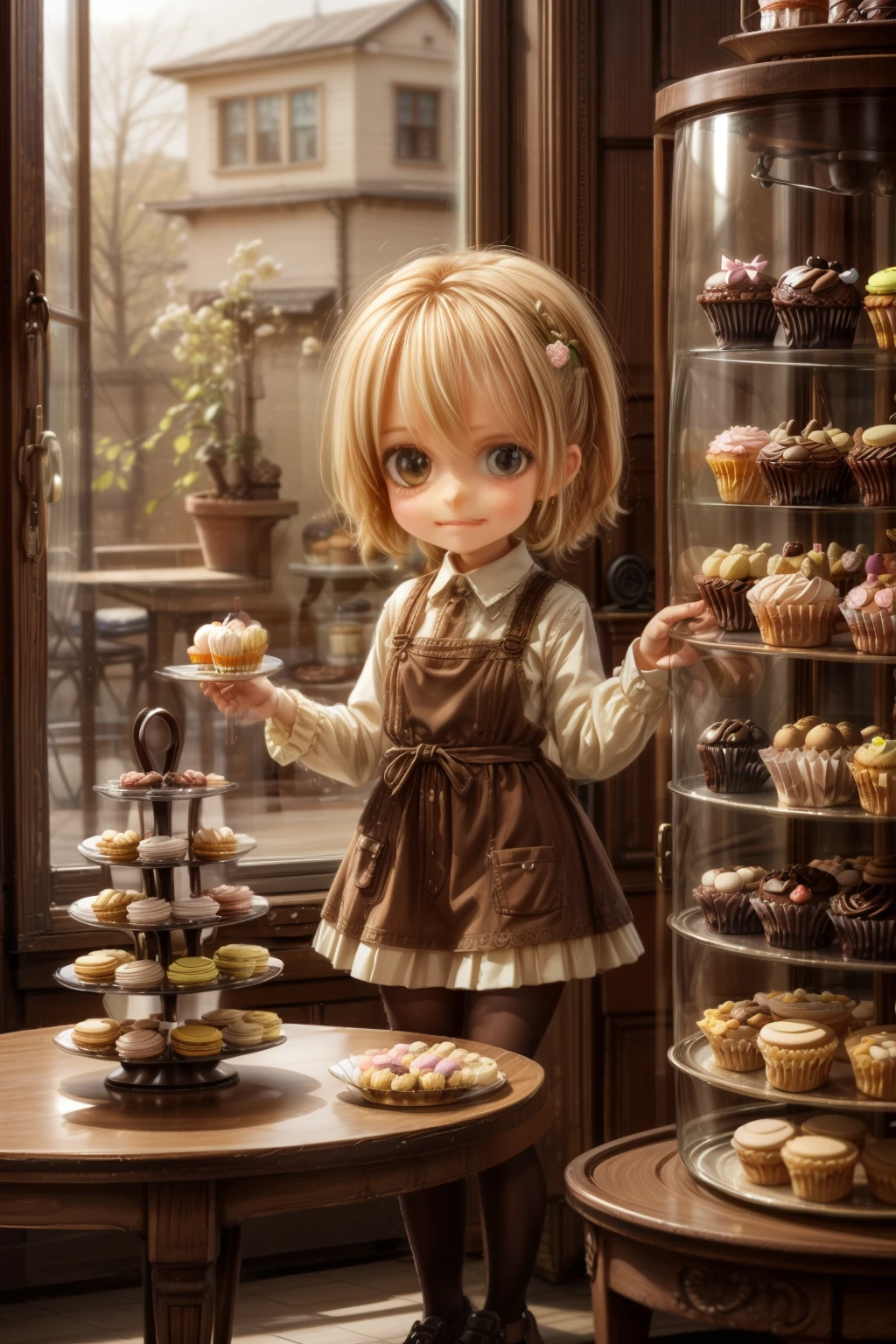 masterpiece, highly detailed, (chibi:1.3), , (1girl), blonde hair, pastel colors, cozy atmosphere, dessert display case, macarons, cupcakes, tarts, cakes, coffee machine, chalkboard menu, natural lighting, glass jars filled with candy, frosted window panes, decorative plates, whimsical decor, 
