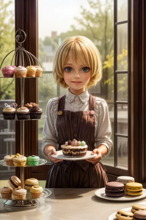 masterpiece, highly detailed, (chibi:1.3), , (1girl), blonde hair, pastel colors, cozy atmosphere, dessert display case, macaron...