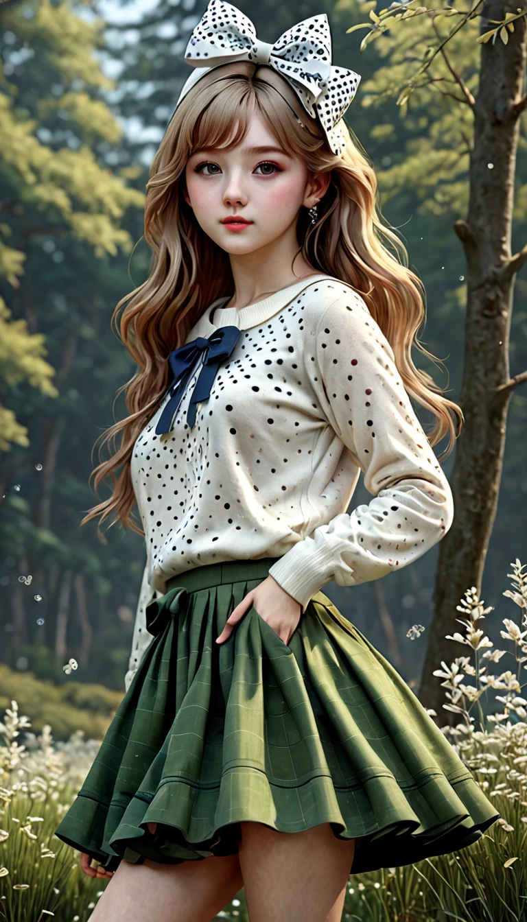 Ultra-realistic CG K ,((premium、8k、32k、Masterpiece、NFFSW:1.3)), (superfine illustration)、(super high resolution), (((adult body))), (Masterpiece, Best Quality:1.2),a beautiful girl，Skin details processing.，The eyes are finely described.，delicate hair，long wavy hair，long light hair，Wear a big bow on your head，black sweater，white dots，Skirt，green，clean background