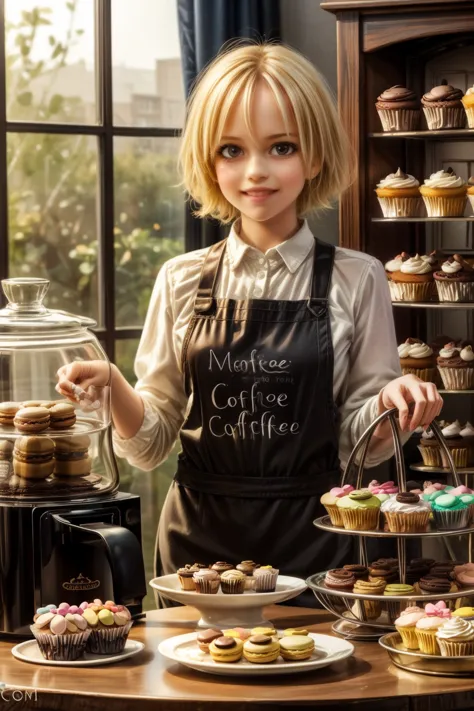 masterpiece, highly detailed, (chibi:1.3), , (1girl), blonde hair, pastel colors, cozy atmosphere, dessert display case, macaron...