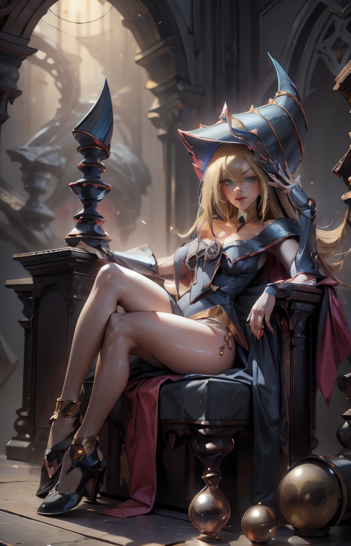 Dark magician gils with black gala dress. She wears red heels, has earrings. Wear necklaces.  Long blonde hair. blue eyes. Red lips. Sensual and subjective pose. She is sitting on a golden throne.