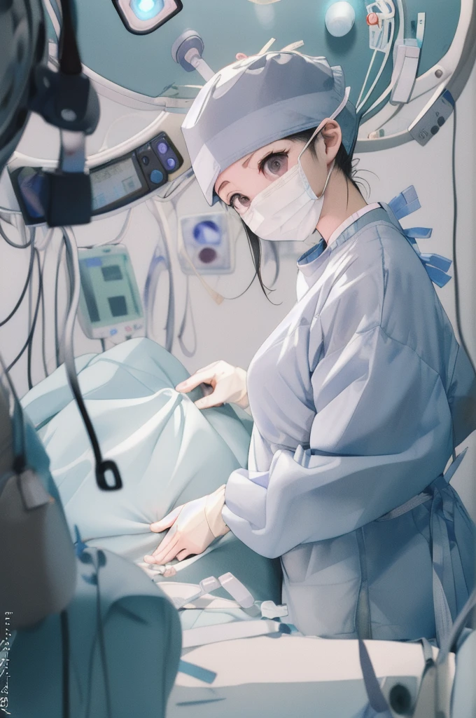 (RAW photo, best quality), 1girl, pregnant, long sleeve surgical outfit, surgical mask,  surgical gloves, surgical cap,  operating room, overhead surgical light, blurred background, focused
 aoi takamoto