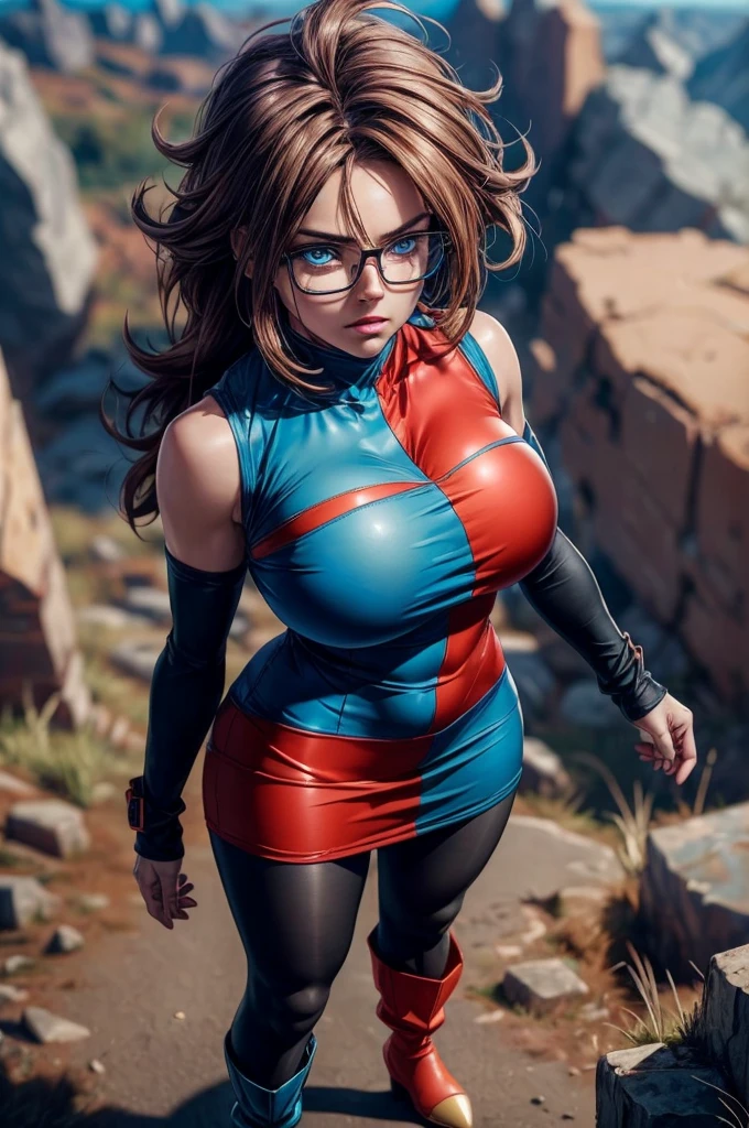 (ultra realistic,32k, masterpiece:1.2),(high detailed skin:1.1),( high quality:1.1),
defa21,angry, glasses,blue eyes, brown hair,  checkered dress, arm warmers, black pantyhose, asymmetrical boots,(tattered torn clothing:1.1), destroyed rocky wasteland, falling rocks,  blurry background,(huge breast,large breast:1.5),(looking at viewer, standing from above:1.1),, (lighting:1.1),