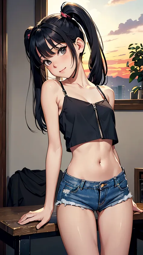 Tabletop, high quality, pretty girl, Black hair in twin tails，Very short stature，Very thin limbs，Very small ass，Very thin thighs，Very flat chest，Distressed super low leg denim shorts，camisole, indoor, Summer evening，Beautiful sunset，Dark Room，A shy smile in a state of ecstasy，blush，(Always fly at full throttle:1.2)，(The cute crack of a woman whose zipper is always half open:1.2)，