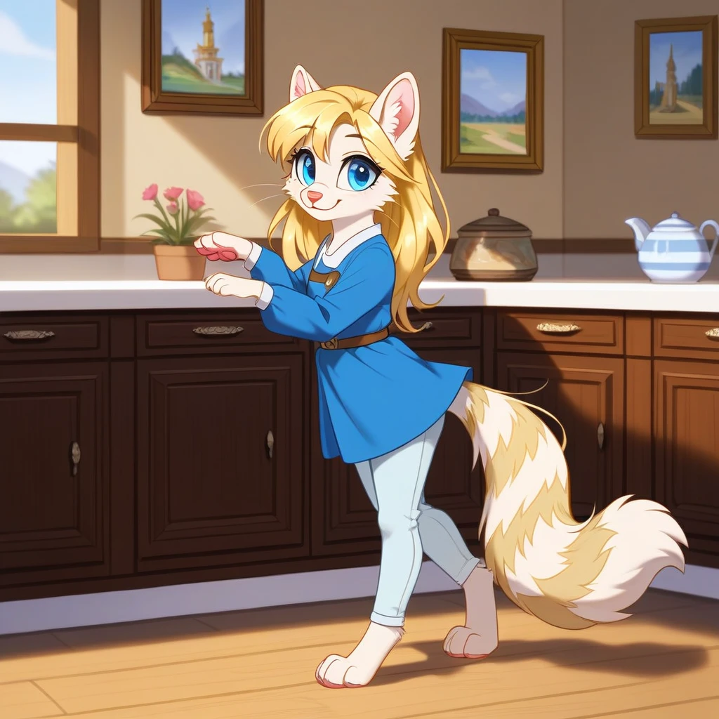 (masterpiece, best quality:1.2), 1girl, solo, Kat, blue eyes, blonde hair, standing, indoors,smiling,source_furry,blue eyes,silver fur,blonde hair with pony tail,(striped tail),white whiskers,wearing simple blue long sleeve tunic,light brown fitted pants,pink nose,barefoot,(feet paws),(4 toes),pink paw pads,