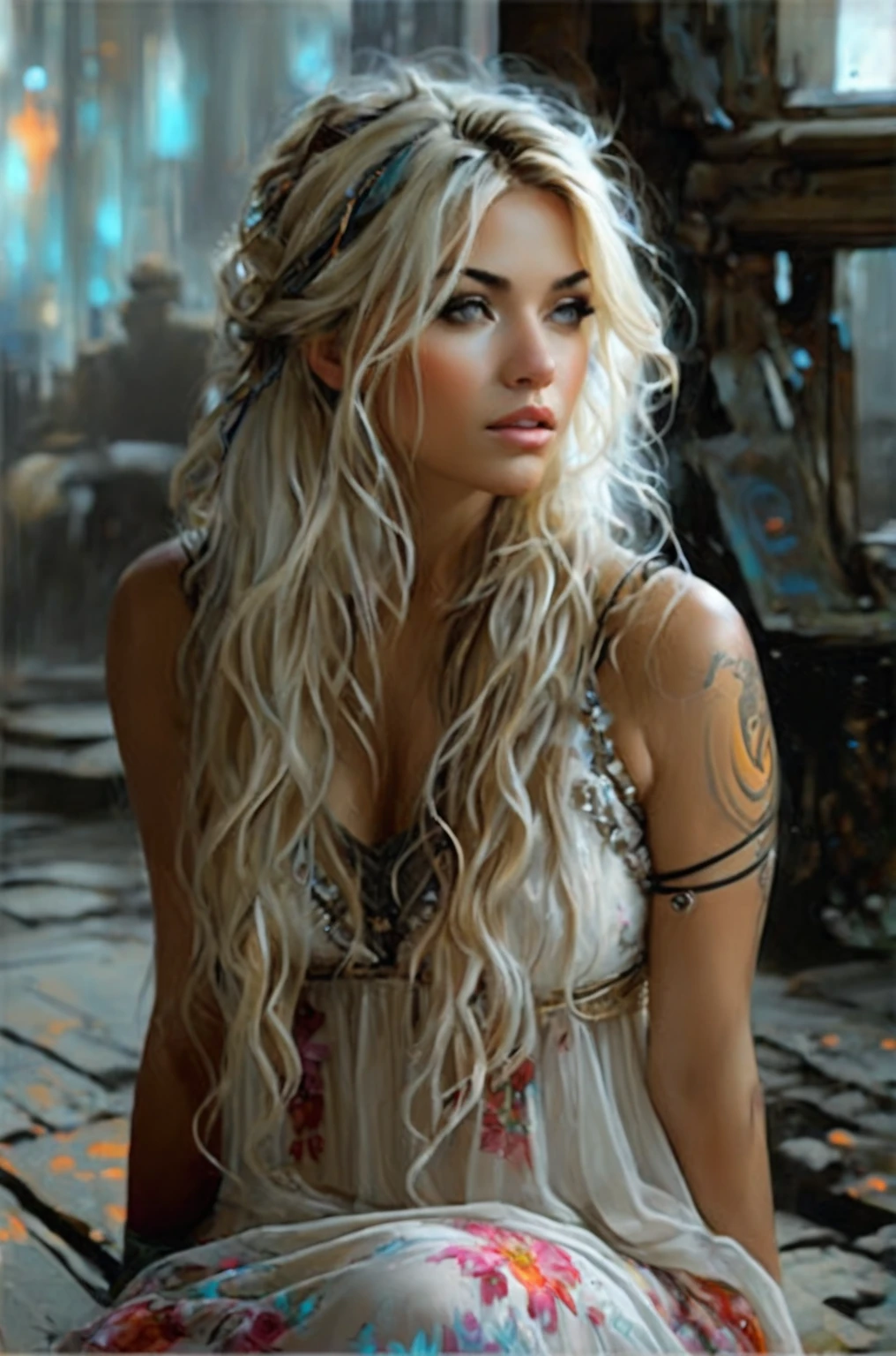 Ein schönes, romantisches Mädchen mit langen blonden Haaren sitzt auf einer Bank vor dem Hintergrund einer schmutzigen Straße, Drehen Sie Ihren Kopf zu drei Vierteln, Wegschauen, bekleidet mit einem weißen Sommerkleid mit Blumenmuster auf den Trägern, aus fließendem Stoff,  Hyperrealistische-surreale und Fantasy-Komposition Ideale und dynamische digitale Malerei, Porträt einer unglaublich schönen lächelnden Frau, Luxuriöses braunes Haar, Schwarzlichtatmosphäre, Jose-Royo-Stil, Boris Vallejo, Fleisch von Griffithsa, Wadim Kaschin, Harrison Fischer, Brian Froud und Jeremy Mann, epische Kulisse, Schwarzlichtshow, Verschiedene Stile : Stedman, Chanukka, Klimt, Bella, Hobby, Newton, Grega Rutkowski, atmosphärisch, Artstation trend, artgerm, abweichende Kunst, Oktane, Meisterwerk, komplizierte Kunst, komplizierte Details, Filmplakat mit exquisiter Malerei, Goldener Schnitt, Trend der CGsociety, unglaublich detailliert und unglaublich schön, gute Qualität 