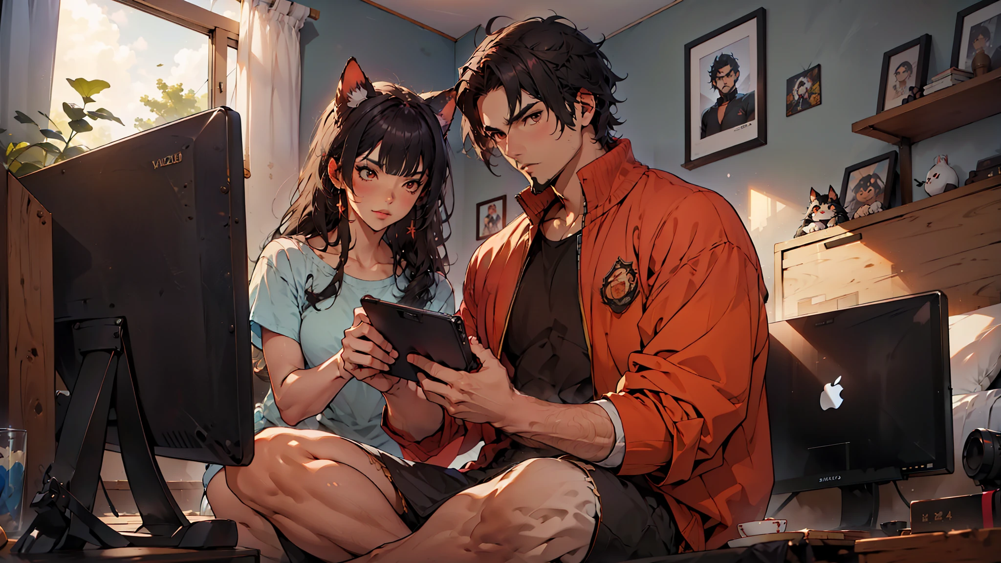 (Junkotvv 猫耳の女の子) そして (ネオクルス ひげを生やした猫耳のない少年), playing video games together in a room full of 80s style anime そして posters in neon tones with video game controllers in their hそしてs そして enjoying