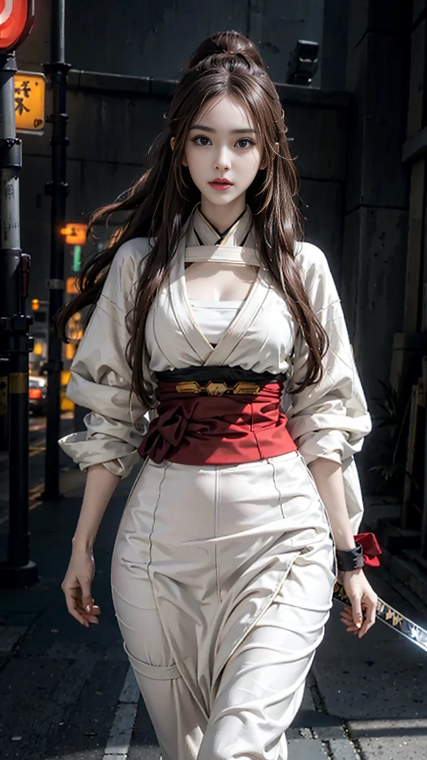 photorealistic, high resolution, soft light,1women, solo, hips up, (detailed face), red long hair, cybersamurai, cyborg, cyberpunk,  cyber armor, holding bow,glowing,on the street , kimono , katana, nude