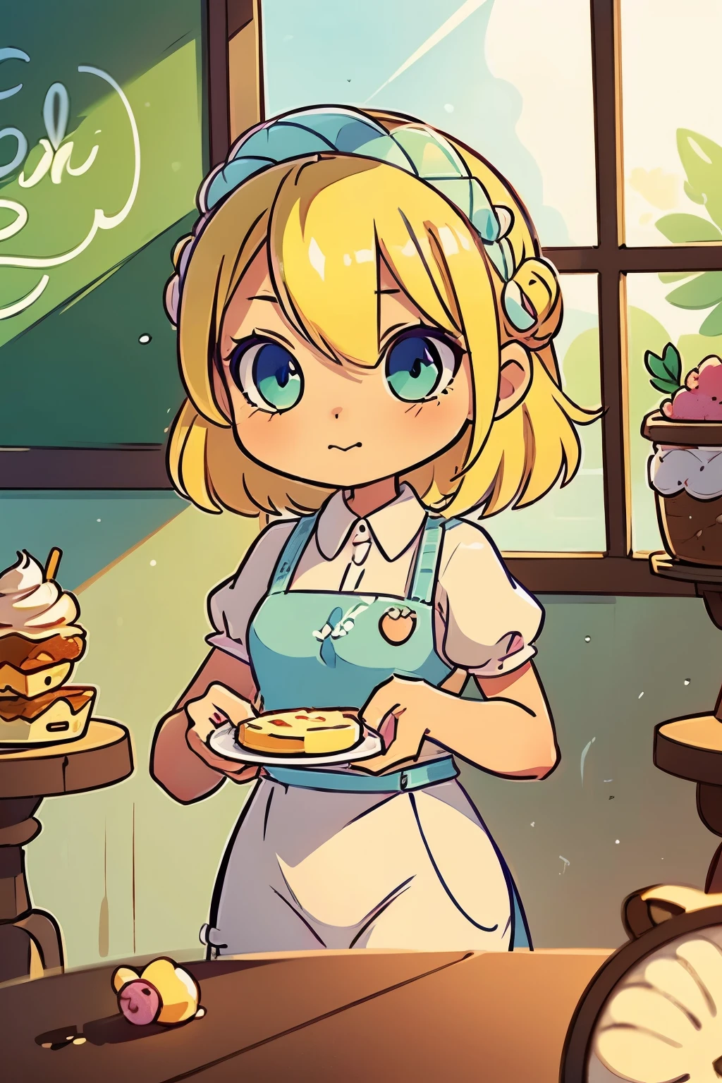 masterpiece, highly detailed, (chibi:1.3), , (1girl), blonde hair, pastel colors, cozy atmosphere, dessert display case, macarons, cupcakes, tarts, cakes, coffee machine, chalkboard menu, natural lighting, glass jars filled with candy, frosted window panes, decorative plates, whimsical decor, sugar sculptures,
