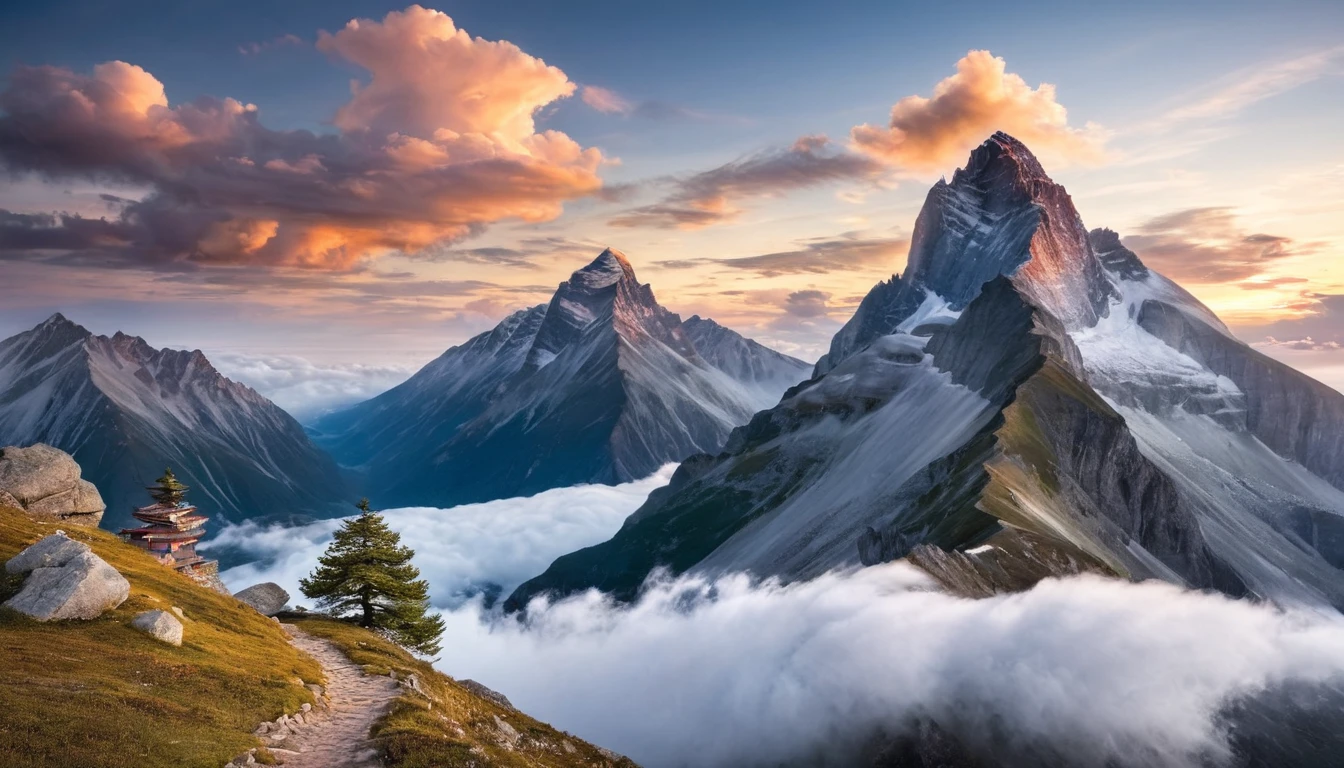 Una montaña surrealista con elementos oníricos y luz etérea. El cielo está lleno de nubes fantásticas y el paisaje es caprichoso y de otro mundo..