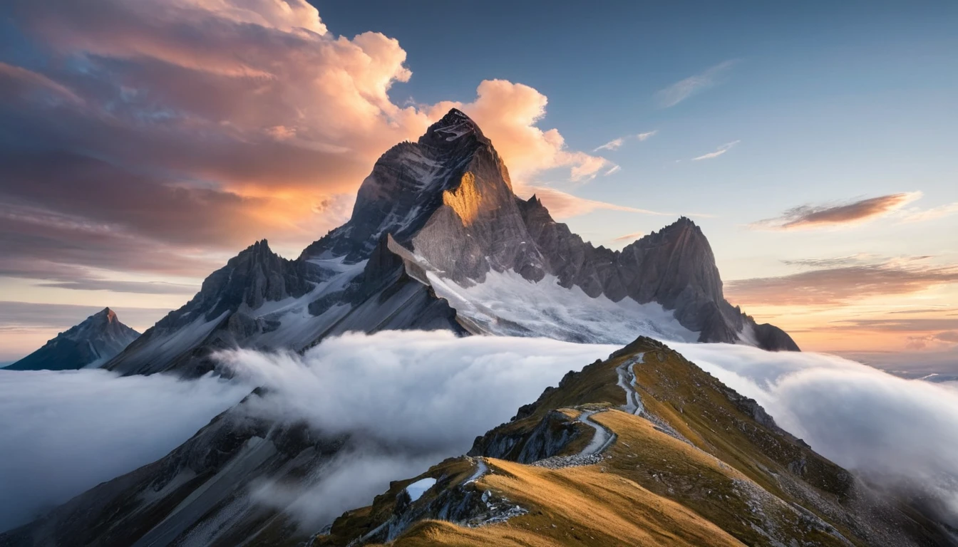 Una montaña surrealista con elementos oníricos y luz etérea. El cielo está lleno de nubes fantásticas y el paisaje es caprichoso y de otro mundo..