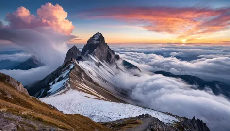 A surreal mountain with dream-like elements and ethereal light. The sky is filled with fantastical clouds and the landscape is w...