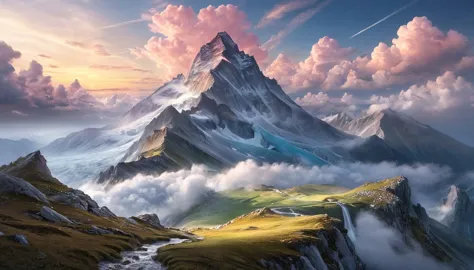 A surreal mountain with dream-like elements and ethereal light. The sky is filled with fantastical clouds and the landscape is w...