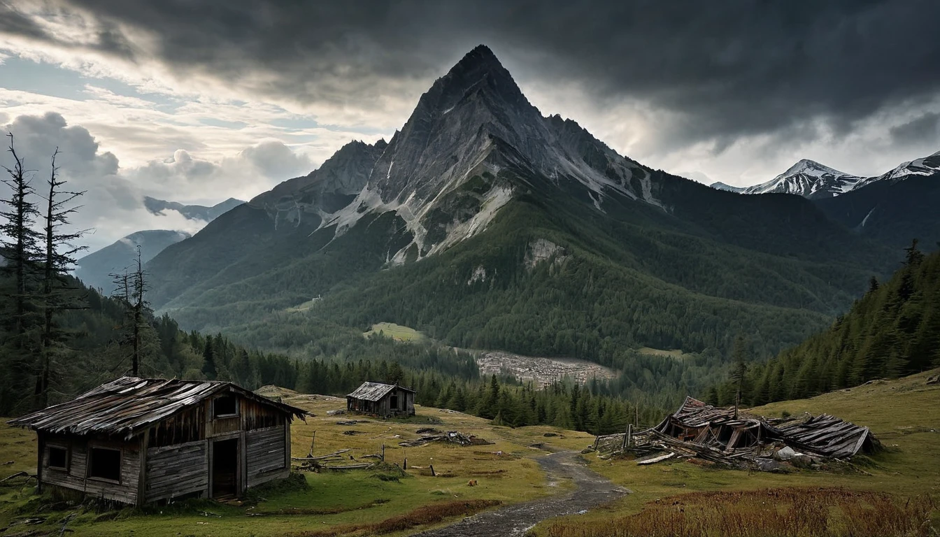 A dark and eerie mountain with zombie-infested forests and decayed structures. The sky is filled with ominous clouds and the landscape is grim and foreboding.