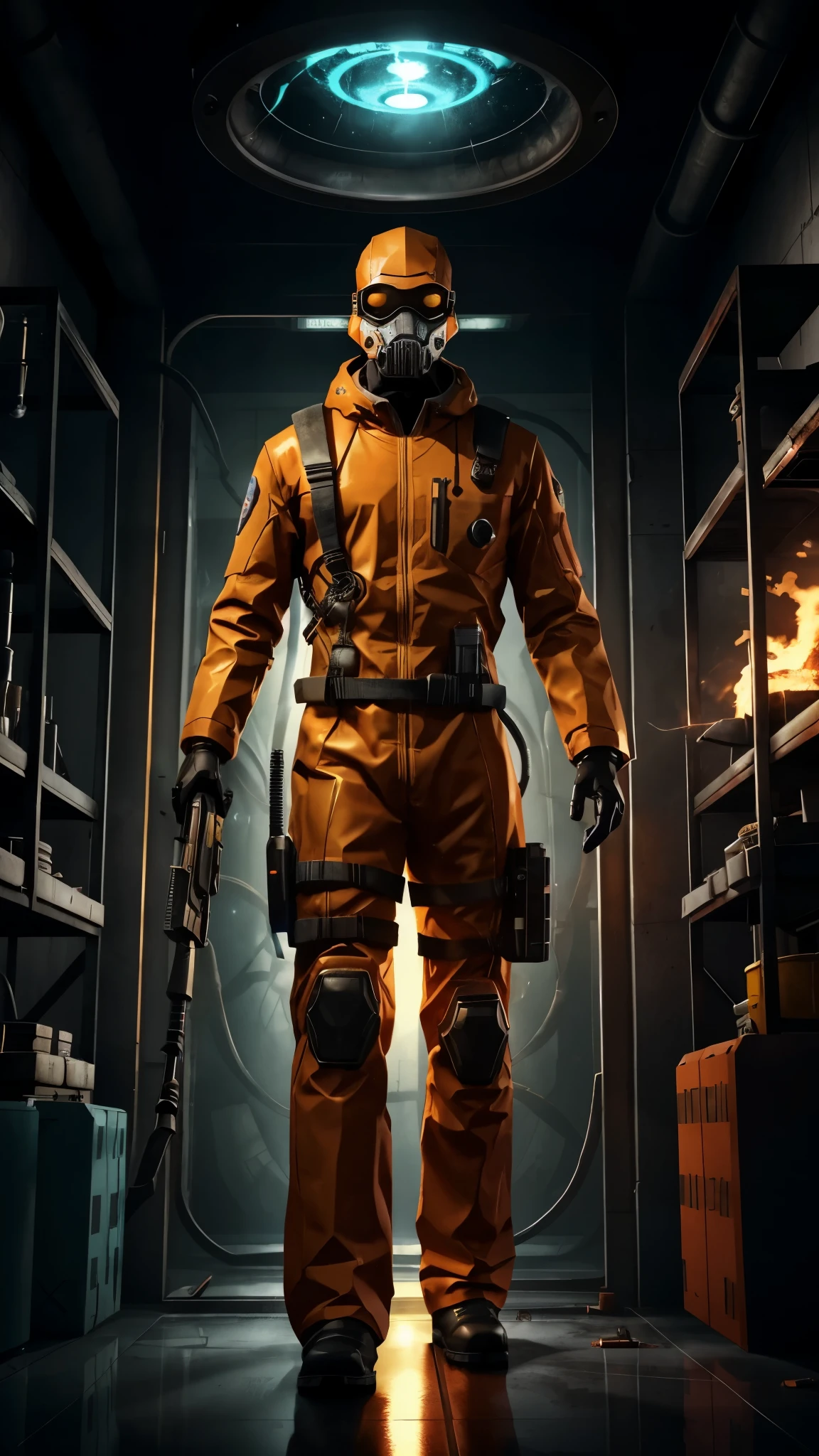 a man hold gun wearing an orange jumpsuit standing in front of a glass cage inside is an experimental monster, Strange creature in a futuristic chemical laboratory, a single man wearing a hazmat suit, he being in the alchemist's lab, half-life 3 ( 2 0 2 6 ), future lab 2099, aperture science test chamber, smoke, hazmat suit, still from the movie half-life, the dead and two robots in the void. Images of radioactive symbols are everywhere. Virus biology experiment. A radiation symbol on a white background, radioactive particles, nuclear waste, people. radiation logo. Monster aliens.