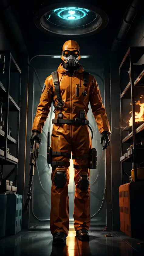 a man hold gun wearing an orange jumpsuit standing in front of a glass cage inside is an experimental monster, Strange creature ...