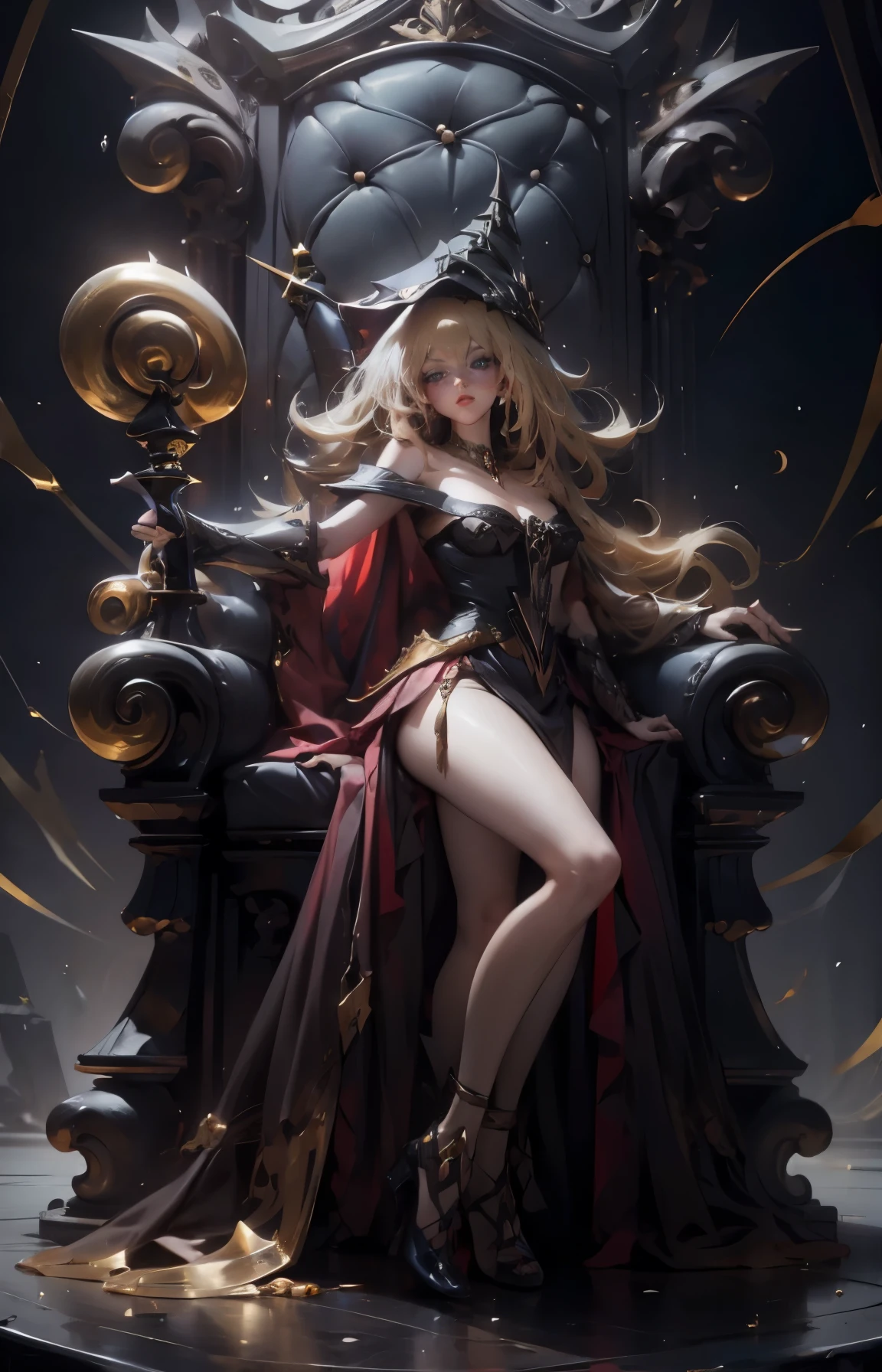 Dark magician gils with black gala dress. She wears red heels, has earrings. Wear necklaces.  Long blonde hair. blue eyes. Red lips. Sensual and subjective pose. She standing next to a golden throne.