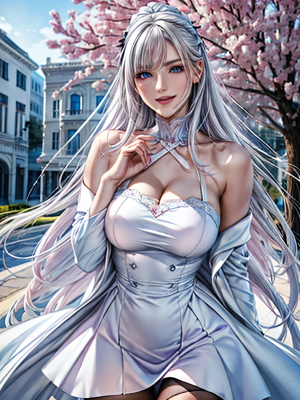 masterpiece, Great work, Daytime, Outdoor, Falling Flowers, White Dress, 1 Girl, Perfect Woman, Woman with long silver and white hair, Gray Blue Eyes, Pale pink lips, cold, Severe, Van, Purple eyes, White clothes, Black Apparel Line, Delicate face, Beautiful Face, Standing Bow, Tassel, The knot of happiness, smile