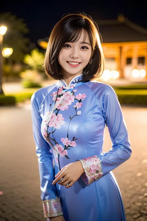 (a gorgeous lady, age 18, vietnamese traditional dress ao dai, posing at takada castle park cherry blossom, under night sky, fri...