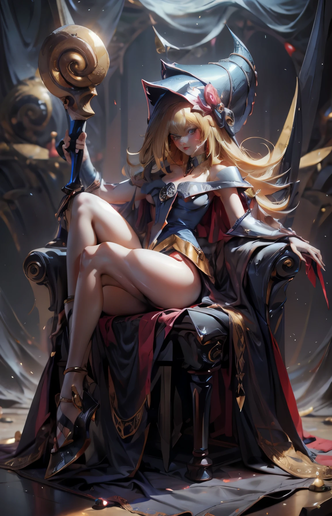 Dark magician gils with black gala dress. She wears red heels, has earrings. Wear necklaces.  Long blonde hair. blue eyes. Red lips. Sensual and subjective pose. She is sitting on a golden throne.