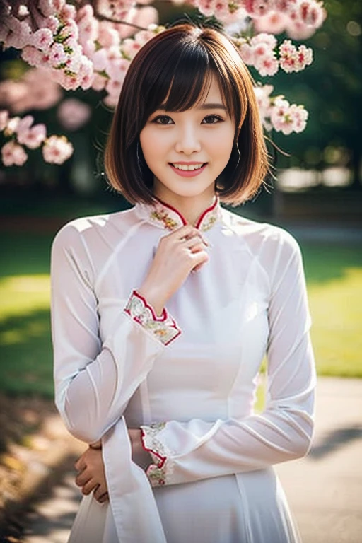 (a gorgeous lady, age 18, Vietnamese traditional dress Ao Dai, posing at Takada Castle Park Cherry Blossom, under night sky, friendly expression, dimpled smile, cute snaggle-tooth, short hair bob cut with bangs, beautiful detailed face, beautiful detailed eyes, ample round bosom, photorealistic, hyper-realism, high contrast, ultra HD, realistic skin textures, top image quality, top-quality, super high resolution, fine details, very meticulously, masterpiece, head to knees, the Cowboy shot, romantic atmosphere, bokeh night background)