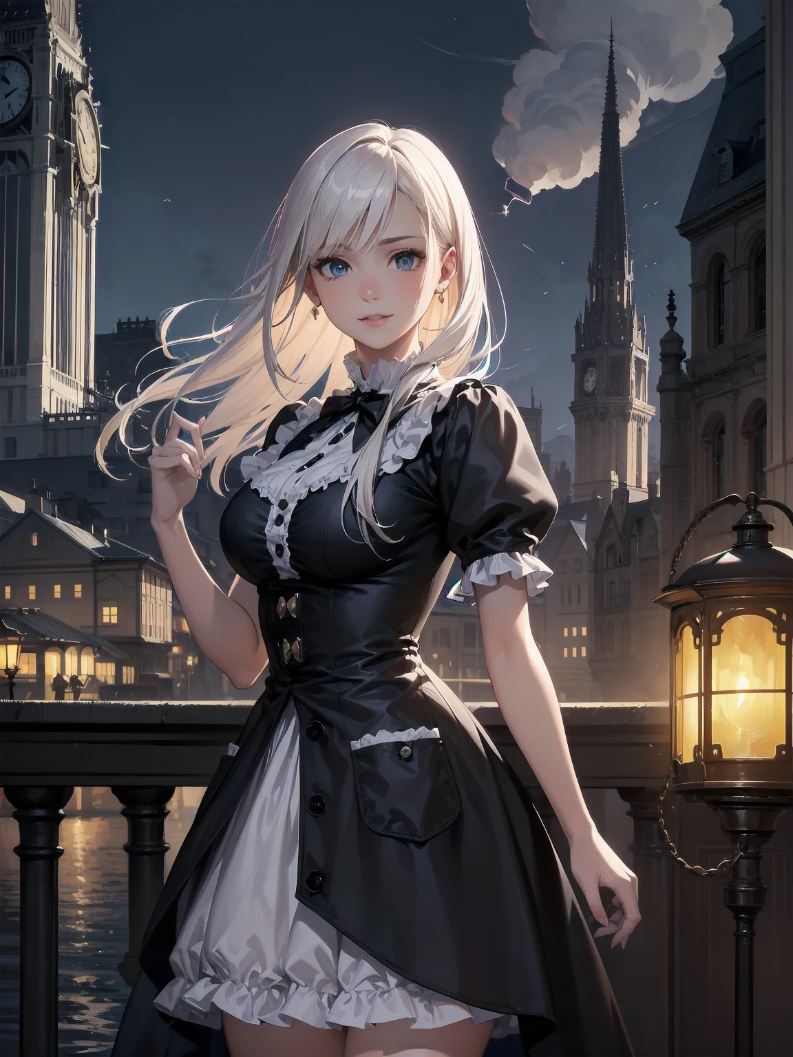 (Highest quality、16K、masterpiece、Ultra-high resolution、Victorian era、Photorealistic:1.2)、A delicate Lolita girl, aged 13, stands on a castle balcony at dusk, surrounded by the city's skyline and steampunk contraptions. Her platinum hair is messy, framing her androgynous charm. She wears a flowing white dress with a light green tie and holds a pocket watch in hand. A subtle smile plays on her lips as she gazes out at the night view, her eyes shining like sapphires. The air is filled with steam spewing from pipes, adding to the surreal atmosphere. Her skin glows with an ultra-dense texture, and her fingers are full and detailed.
