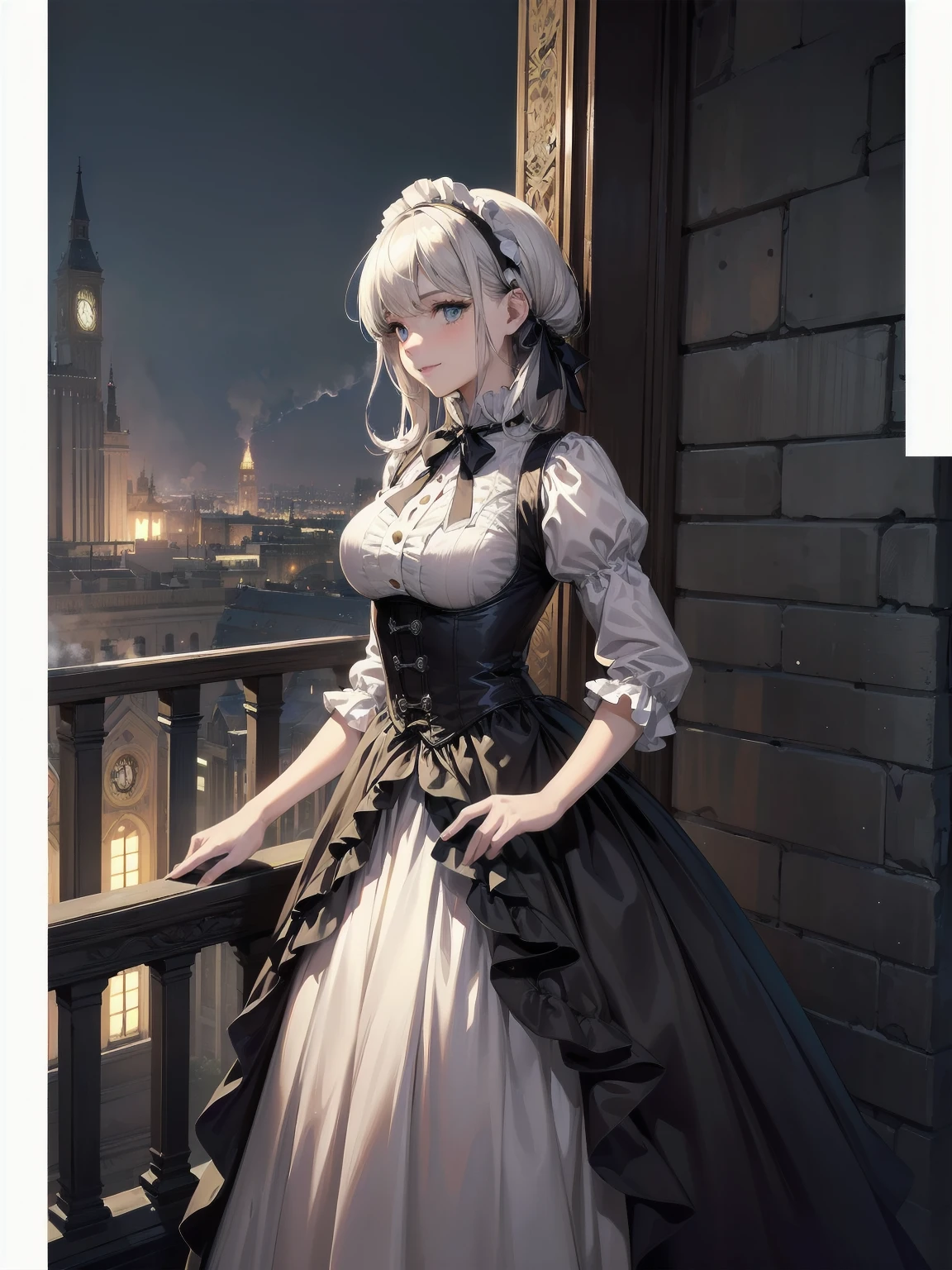 (Highest quality、16K、masterpiece、Ultra-high resolution、Victorian era、Photorealistic:1.2)、A delicate Lolita girl, aged 13, stands on a castle balcony at dusk, surrounded by the city's skyline and steampunk contraptions. Her platinum hair is messy, framing her androgynous charm. She wears a flowing white dress with a light green tie and holds a pocket watch in hand. A subtle smile plays on her lips as she gazes out at the night view, her eyes shining like sapphires. The air is filled with steam spewing from pipes, adding to the surreal atmosphere. Her skin glows with an ultra-dense texture, and her fingers are full and detailed.
