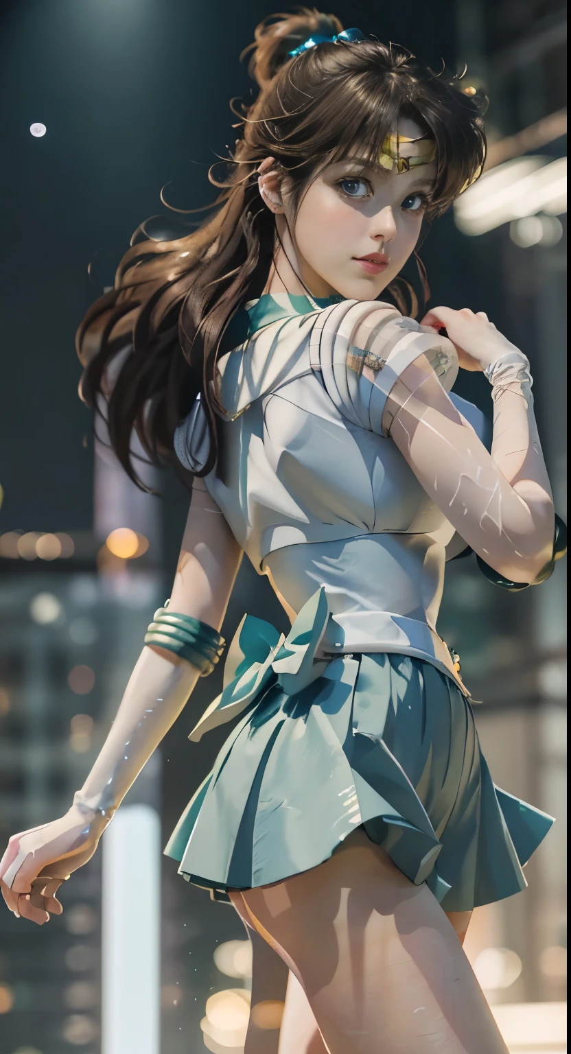 Image of a woman in her 50s wearing a short skirt and white shirt, Sailor Jupiter. beautiful, Smooth anime CG art, extremely detailed art germ, art germ jsc, Photorealistic Anime Girl Rendering, art germ. High detail, Realistic 3D animation, range murata and art germ, makoto shinkai and art germ