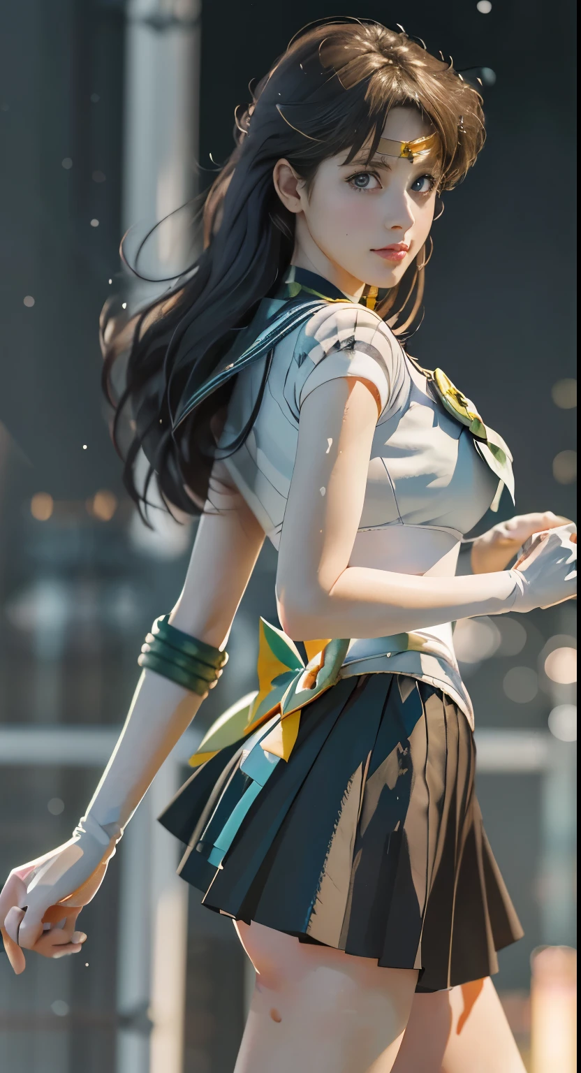 Image of a woman in her 50s wearing a short skirt and white shirt, Sailor Jupiter. beautiful, Smooth anime CG art, extremely detailed art germ, art germ jsc, Photorealistic Anime Girl Rendering, art germ. High detail, Realistic 3D animation, range murata and art germ, makoto shinkai and art germ