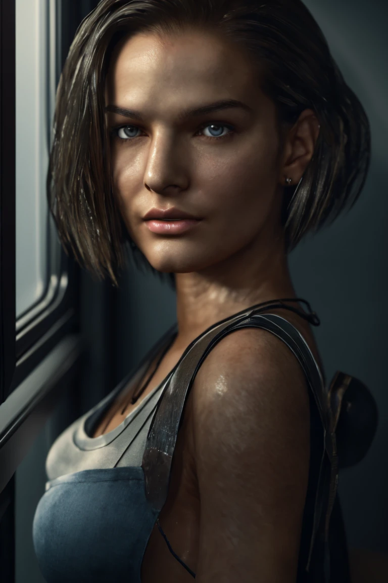 a 傑作 portrait of jill valentine from re3 remake, 美麗細緻的藍眼睛, 細緻的棕色長鮑伯髮型, 鵝蛋臉, 女子坐在床上看著城市窗外,  (最好的品質,4k,8K,高解析度,傑作:1.2),超詳細,(實際的,photo實際的,photo-實際的:1.37),高動態範圍,超高畫質,演播室燈光,超細塗裝,銳利的焦點,基於物理的渲染,極為詳細的描述,專業的,鮮豔的色彩,散景, 將頭髮整齊地別在耳後:1.1, 正面姿勢, 白皮膚 , 中體拍攝, 