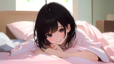 beautiful girl、Black knit、On the bed、Eye highlightasterpiece、high resolution、smile、Black Hair