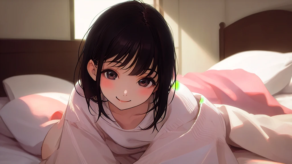 beautiful girl、Black knit、On the bed、Eye highlightasterpiece、high resolution、smile、Black Hair